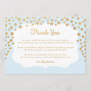 Blue faux gold boy baby shower thank you note card
