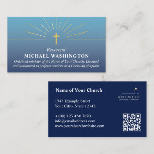 Blue Faux Gold Cross Church Logo Clergy Business Card