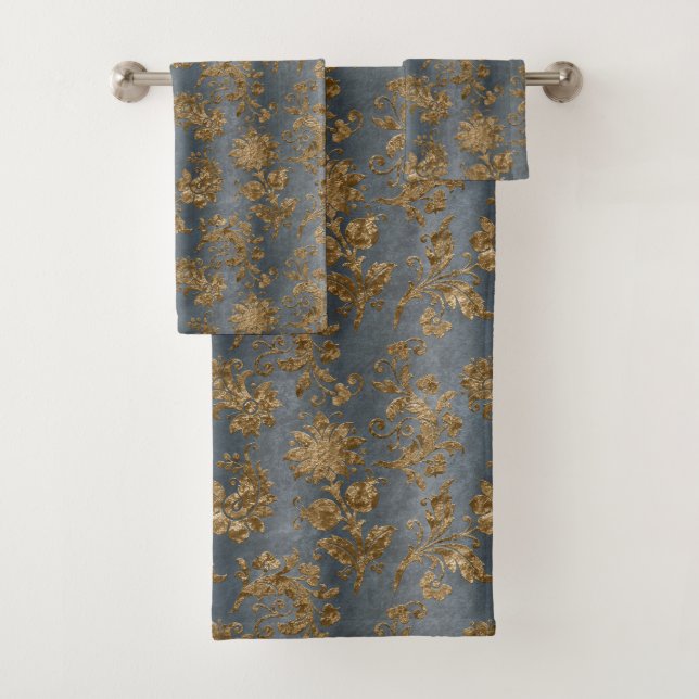 Blue Faux Gold Elegant Bathroom Bath Towel Set (Insitu)