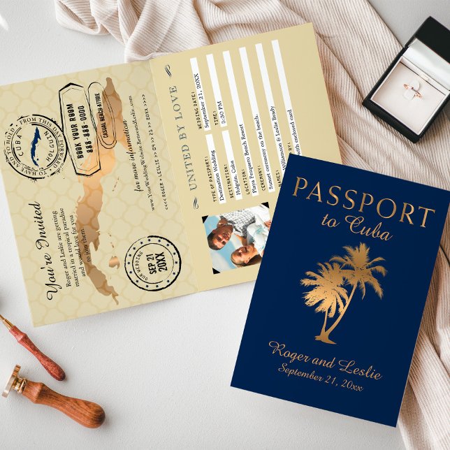 Blue Faux Gold Foil Cuba Wedding Passport Invitation (Creator Uploaded)