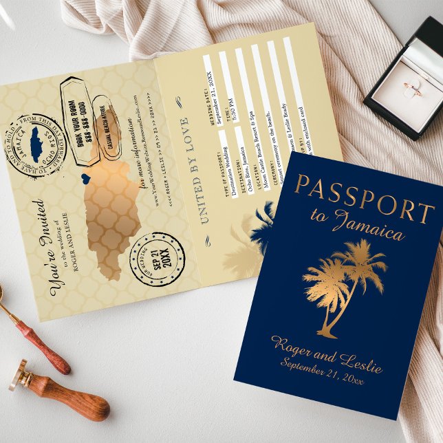 Blue Faux Gold Foil Jamaica Wedding Passport Invit Invitation (Creator Uploaded)