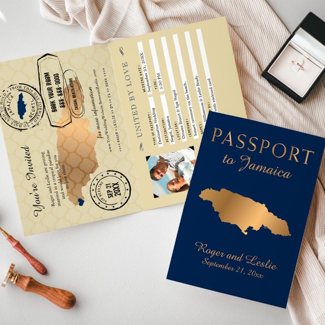 Blue Faux Gold Foil Jamaica Wedding Passport Invitation (Creator Uploaded)