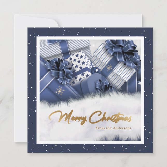 Blue Faux Gold Foil Snow Gifts Christmas Cards (Front)