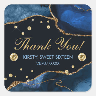 Blue & Faux Gold Glitter Agate Sweet 16 Square Sticker