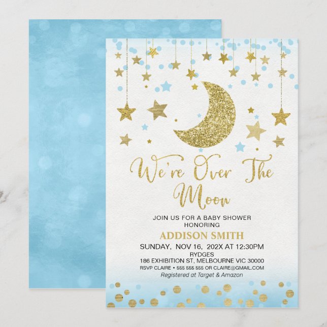 Blue Faux Gold Glitter Over The Moon Baby Shower Invitation (Front/Back)