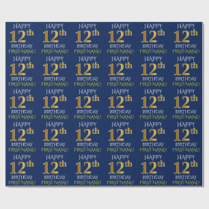 Blue, Faux Gold "HAPPY 12th BIRTHDAY" Wrapping Paper