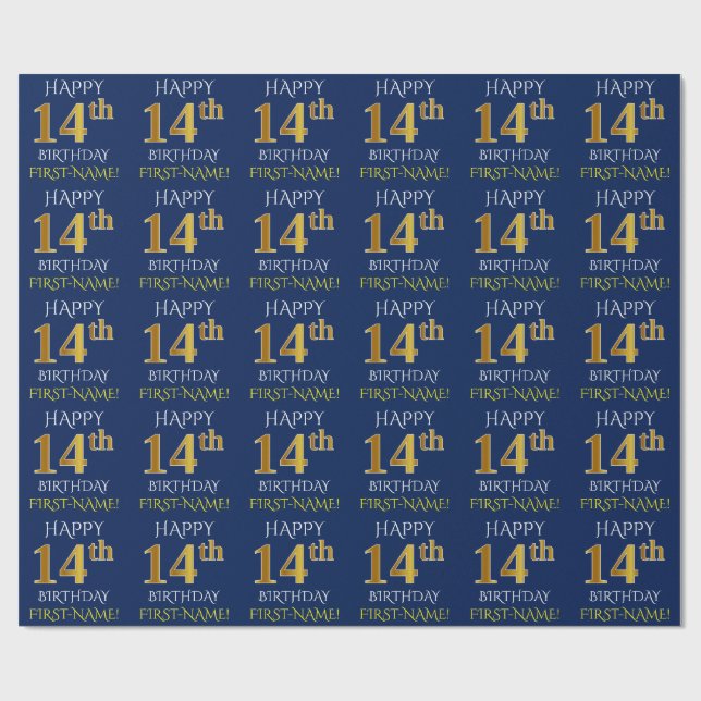 Blue, Faux Gold "HAPPY 14th BIRTHDAY" Wrapping Paper (Flat)