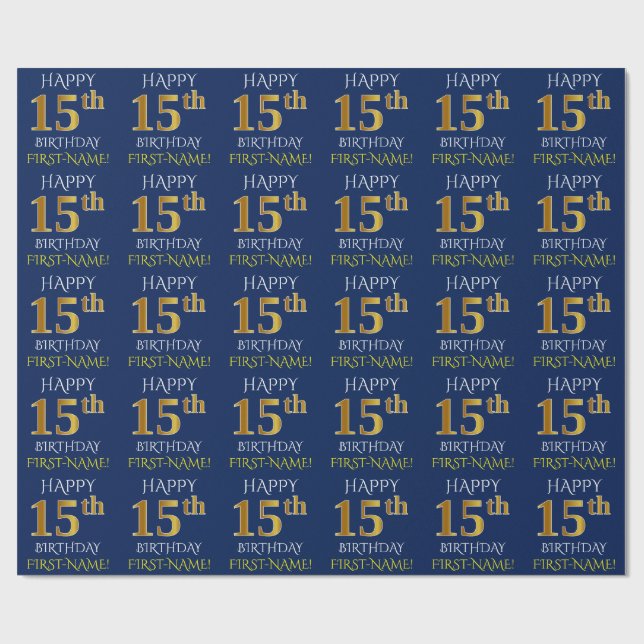 Blue, Faux Gold "HAPPY 15th BIRTHDAY" Wrapping Paper (Flat)