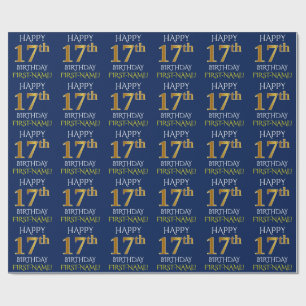 Blue, Faux Gold "HAPPY 17th BIRTHDAY" Wrapping Paper