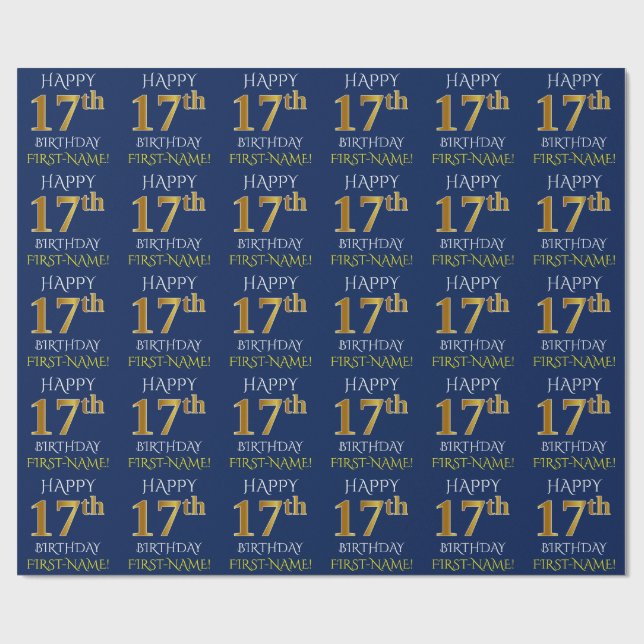Blue, Faux Gold "HAPPY 17th BIRTHDAY" Wrapping Paper (Flat)