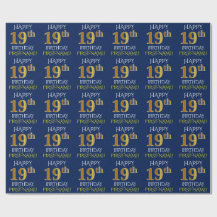 Blue, Faux Gold "HAPPY 19th BIRTHDAY" Wrapping Paper