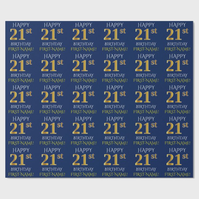 Blue, Faux Gold "HAPPY 21st BIRTHDAY" Wrapping Paper (Flat)