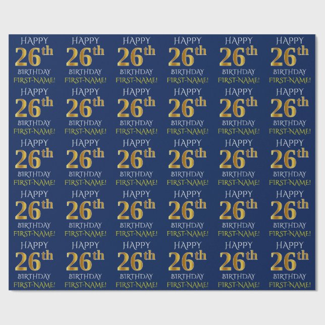 Blue, Faux Gold "HAPPY 26th BIRTHDAY" Wrapping Paper (Flat)