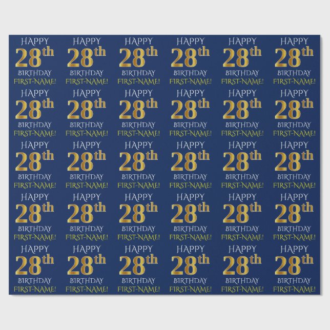 Blue, Faux Gold "HAPPY 28th BIRTHDAY" Wrapping Paper (Flat)