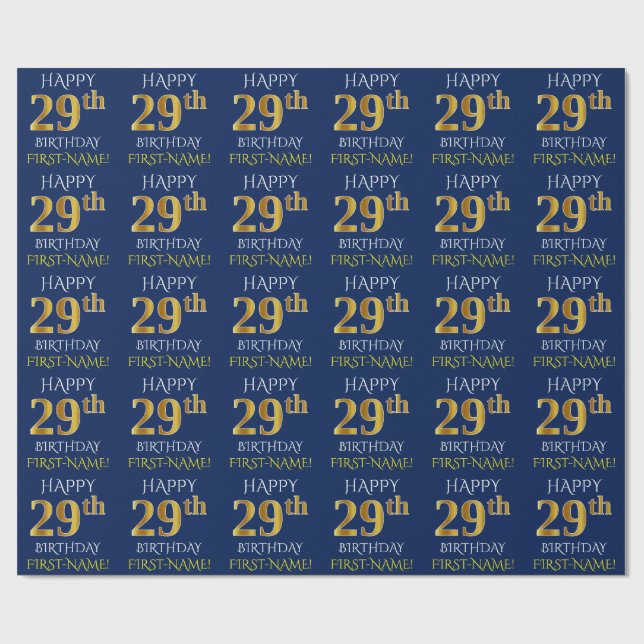 Blue, Faux Gold "HAPPY 29th BIRTHDAY" Wrapping Paper (Flat)