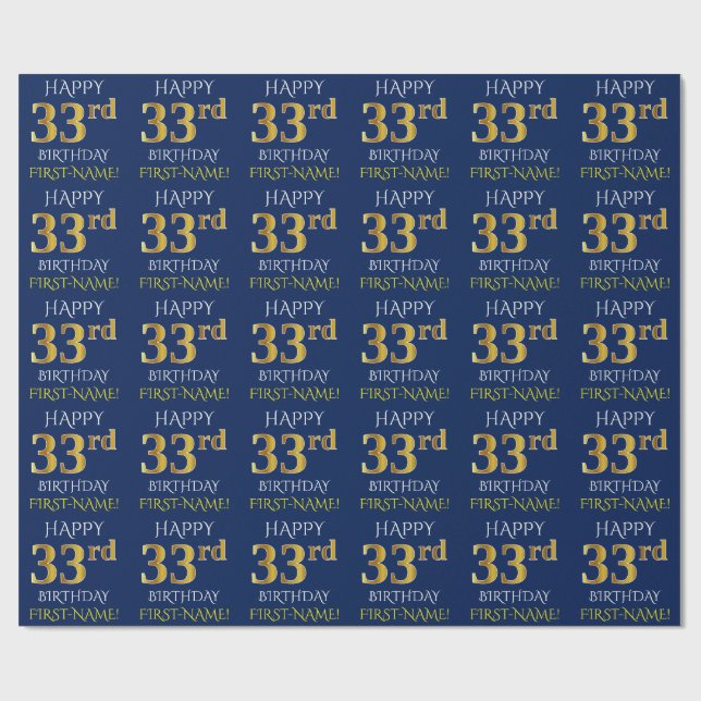 Blue, Faux Gold "HAPPY 33rd BIRTHDAY" Wrapping Paper (Flat)