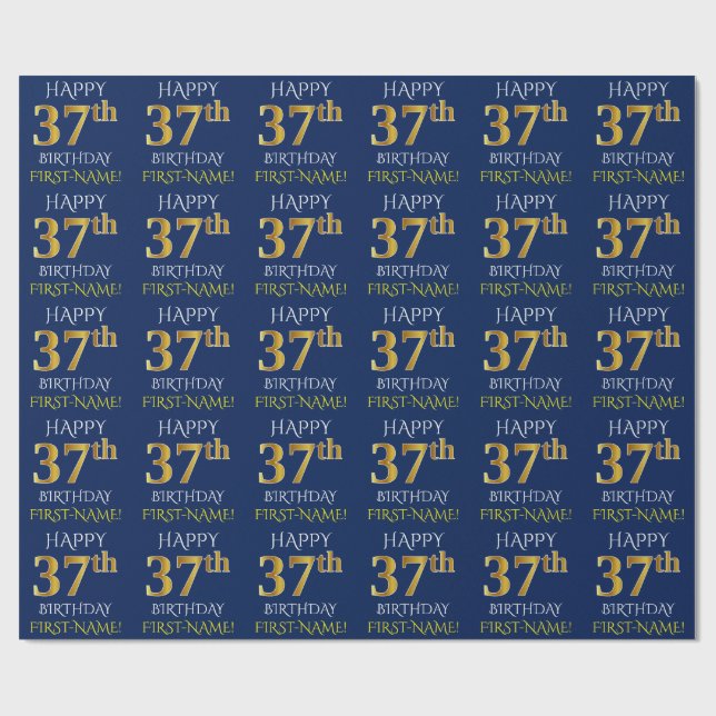 Blue, Faux Gold "HAPPY 37th BIRTHDAY" Wrapping Paper (Flat)