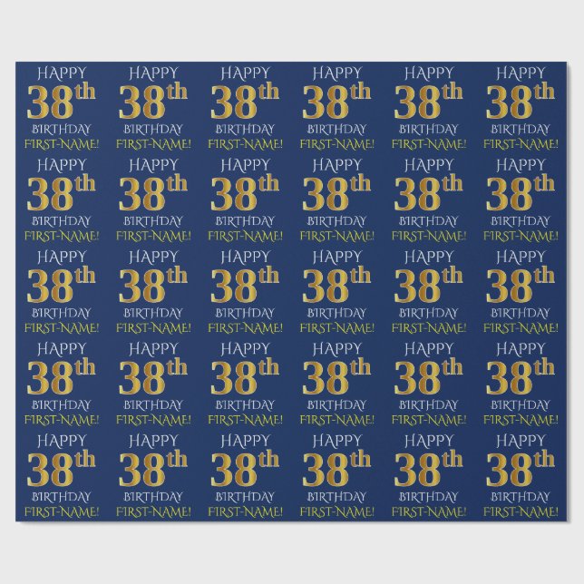 Blue, Faux Gold "HAPPY 38th BIRTHDAY" Wrapping Paper (Flat)