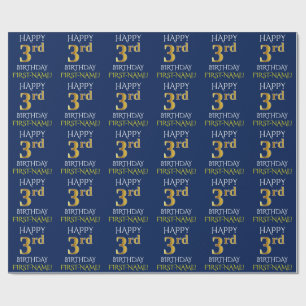 Blue, Faux Gold "HAPPY 3rd BIRTHDAY" Wrapping Paper