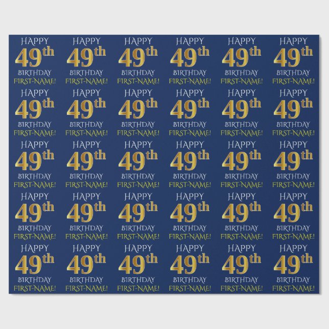 Blue, Faux Gold "HAPPY 49th BIRTHDAY" Wrapping Paper (Flat)