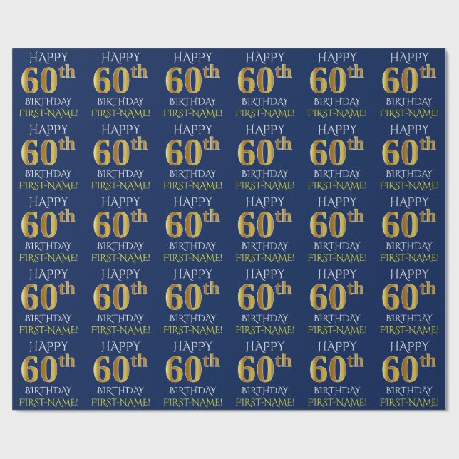 Blue, Faux Gold "HAPPY 60th BIRTHDAY" Wrapping Paper (Flat)