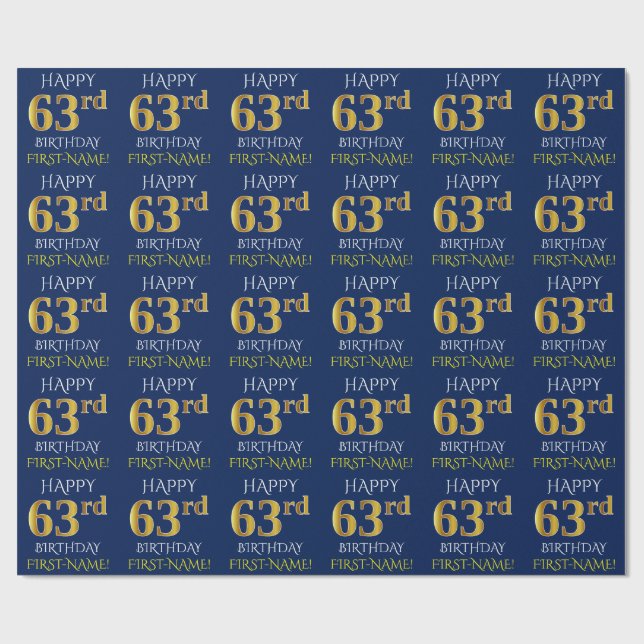 Blue, Faux Gold "HAPPY 63rd BIRTHDAY" Wrapping Paper (Flat)