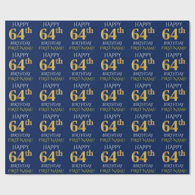 Blue, Faux Gold "HAPPY 64th BIRTHDAY" Wrapping Paper (Flat)