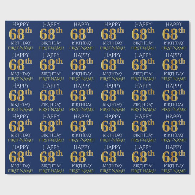 Blue, Faux Gold "HAPPY 68th BIRTHDAY" Wrapping Paper (Flat)