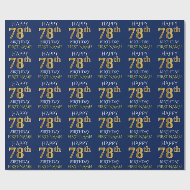 Blue, Faux Gold "HAPPY 78th BIRTHDAY" Wrapping Paper (Flat)