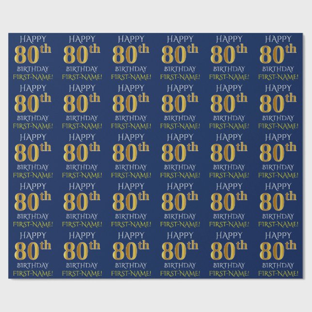 Blue, Faux Gold "HAPPY 80th BIRTHDAY" Wrapping Paper (Flat)