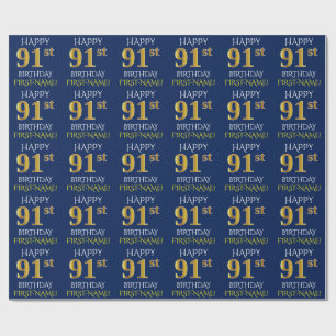 Blue, Faux Gold "HAPPY 91st BIRTHDAY" Wrapping Paper
