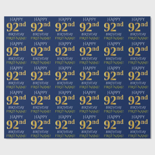 Blue, Faux Gold "HAPPY 92nd BIRTHDAY" Wrapping Paper (Flat)