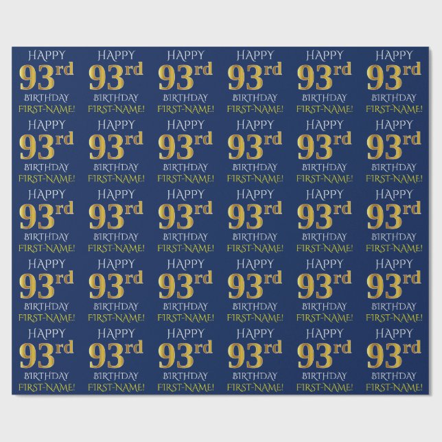 Blue, Faux Gold "HAPPY 93rd BIRTHDAY" Wrapping Paper (Flat)
