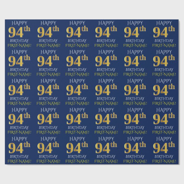 Blue, Faux Gold "HAPPY 94th BIRTHDAY" Wrapping Paper (Flat)