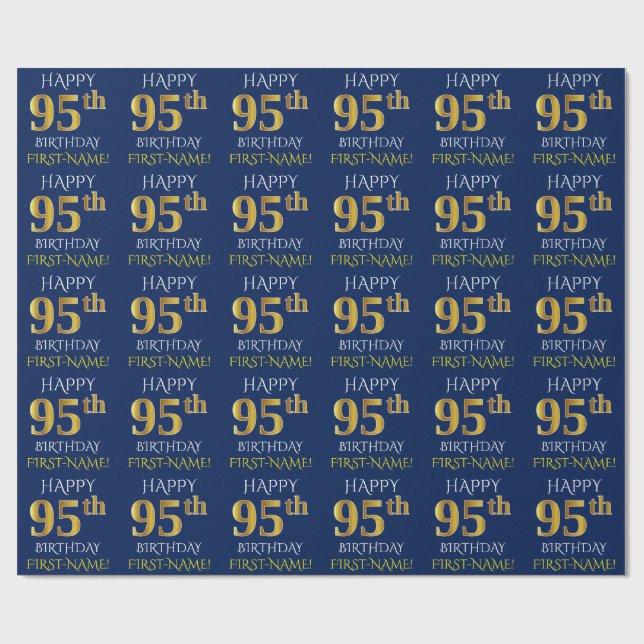 Blue, Faux Gold "HAPPY 95th BIRTHDAY" Wrapping Paper (Flat)