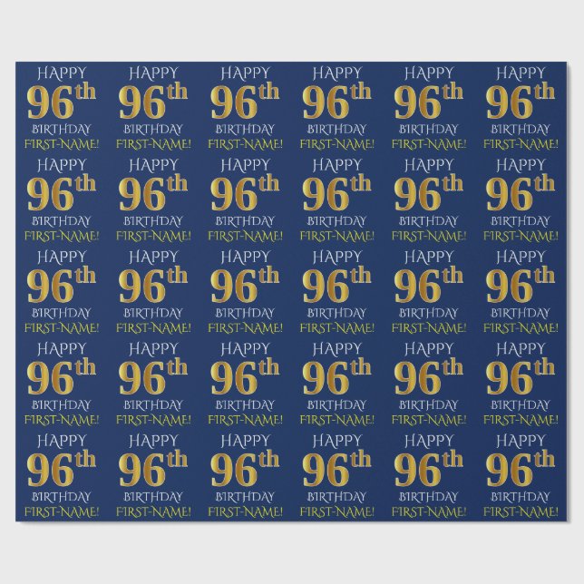 Blue, Faux Gold "HAPPY 96th BIRTHDAY" Wrapping Paper (Flat)