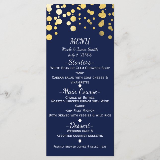 Blue & Faux Gold Modern Dots Wedding Menu Card (Front)