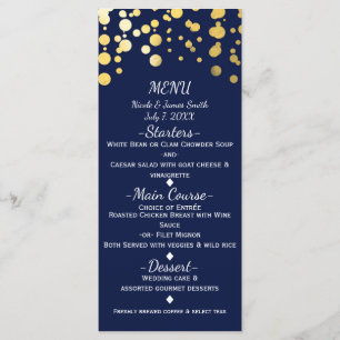 Blue & Faux Gold Modern Dots Wedding Menu Card
