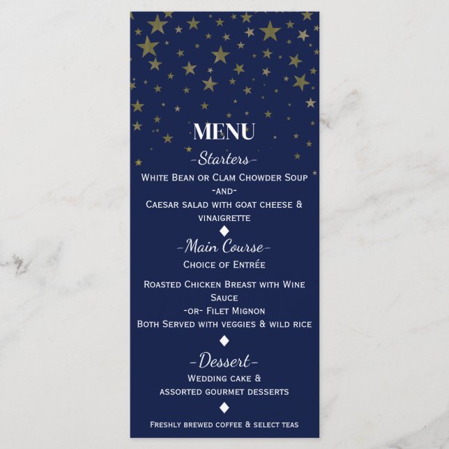 Blue & Faux Gold Stars Wedding Menu Card (Front)