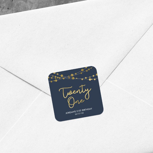 Blue Faux Gold Strings of Lights 21st Birthday Square Sticker (Creator Uploaded)