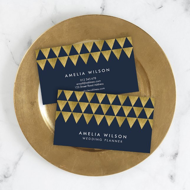 Blue & Faux Gold Triangle Pattern Modern Geometric Business Card (Creator Uploaded)