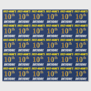 Blue, Faux/Imitation Gold, "10th BIRTHDAY" Wrapping Paper