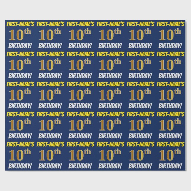 Blue, Faux/Imitation Gold, "10th BIRTHDAY" Wrapping Paper (Flat)