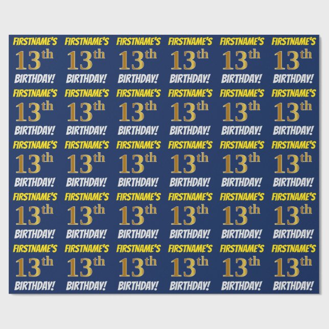 Blue, Faux/Imitation Gold, "13th BIRTHDAY" Wrapping Paper (Flat)
