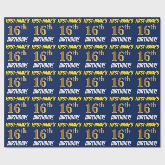 Blue, Faux/Imitation Gold, "16th BIRTHDAY" Wrapping Paper (Flat)