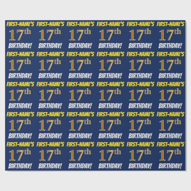 Blue, Faux/Imitation Gold, "17th BIRTHDAY" Wrapping Paper (Flat)