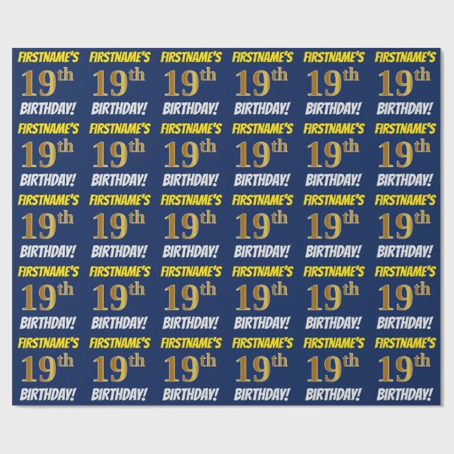 Blue, Faux/Imitation Gold, "19th BIRTHDAY" Wrapping Paper (Flat)