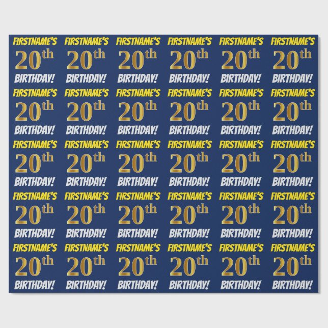 Blue, Faux/Imitation Gold, "20th BIRTHDAY" Wrapping Paper (Flat)
