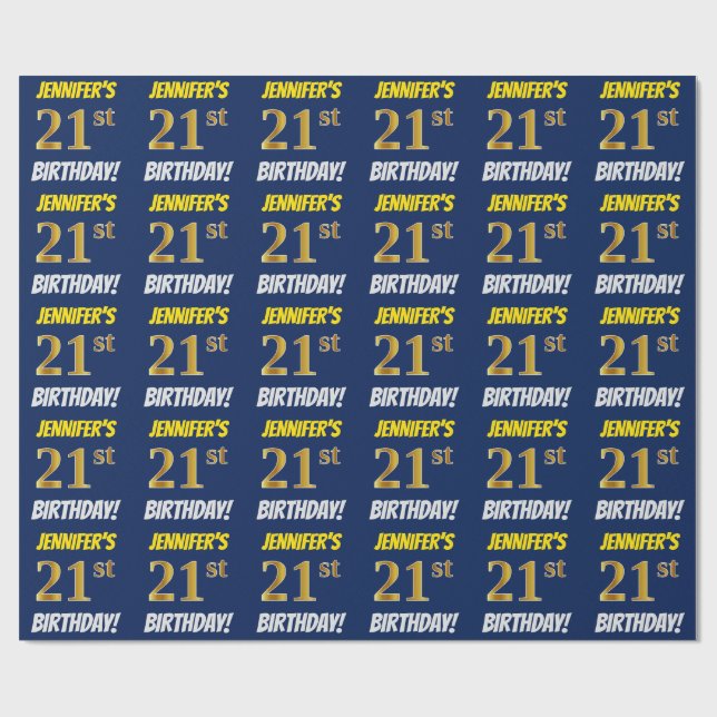 Blue, Faux/Imitation Gold, "21st BIRTHDAY" Wrapping Paper (Flat)