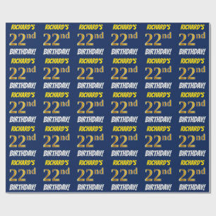 Blue, Faux/Imitation Gold, "22nd BIRTHDAY" Wrapping Paper